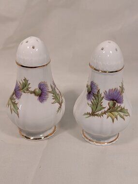 Vintage Scottish Thistle Paragon Salt Pepper Shakers Fine Bone China Gold Trim